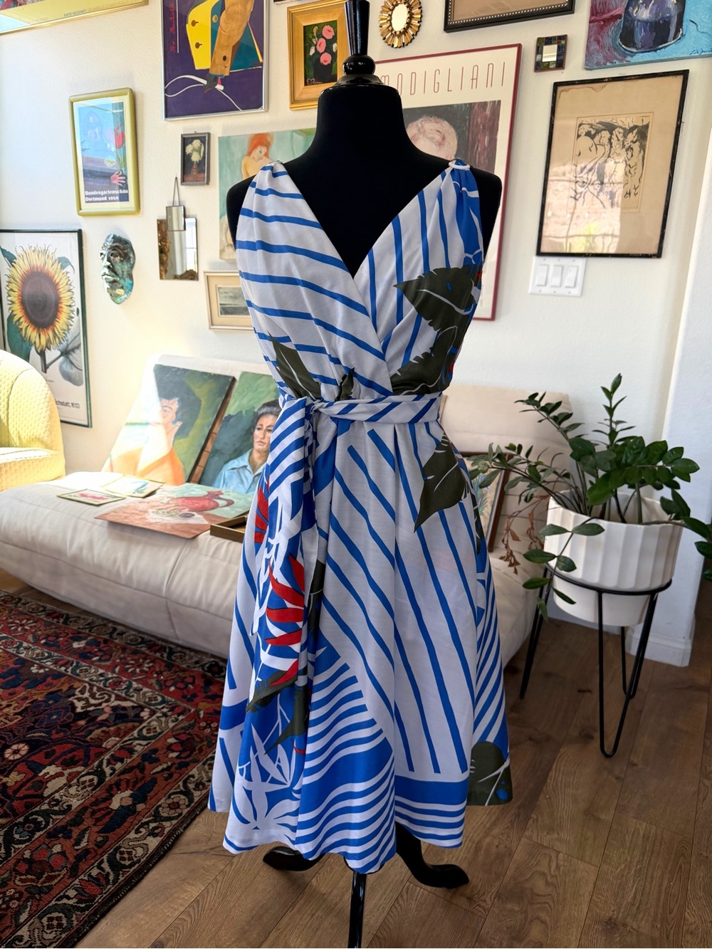 Vintage 60s/70s Blue & White Striped Summer Dress with Floral Accents and Sash